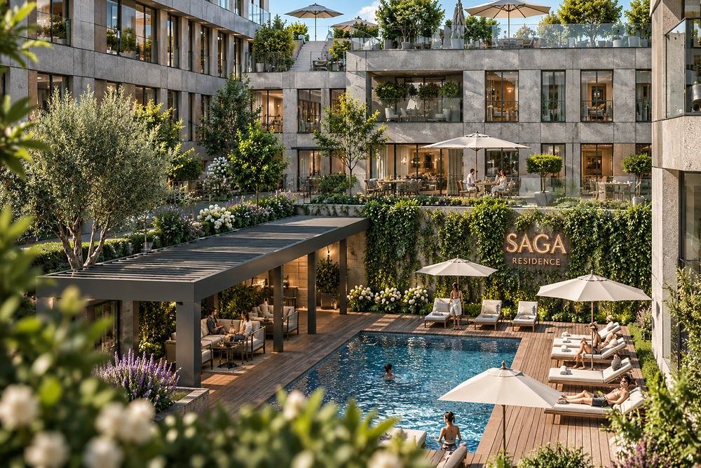Avlu — havuz, teras bahçeleri ve residence girişi