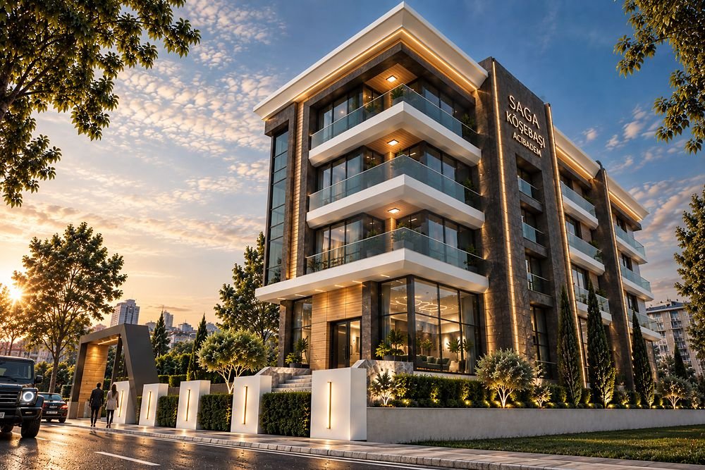Köşe parsel — gün batımında iki cephe birden